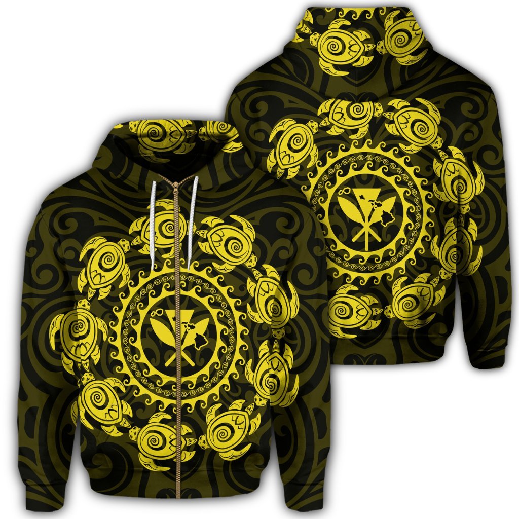 Hawaiian Map Kanaka Turtles Circle Style Yellow Polynesian Zip Hoodie Unisex Art - Polynesian Pride