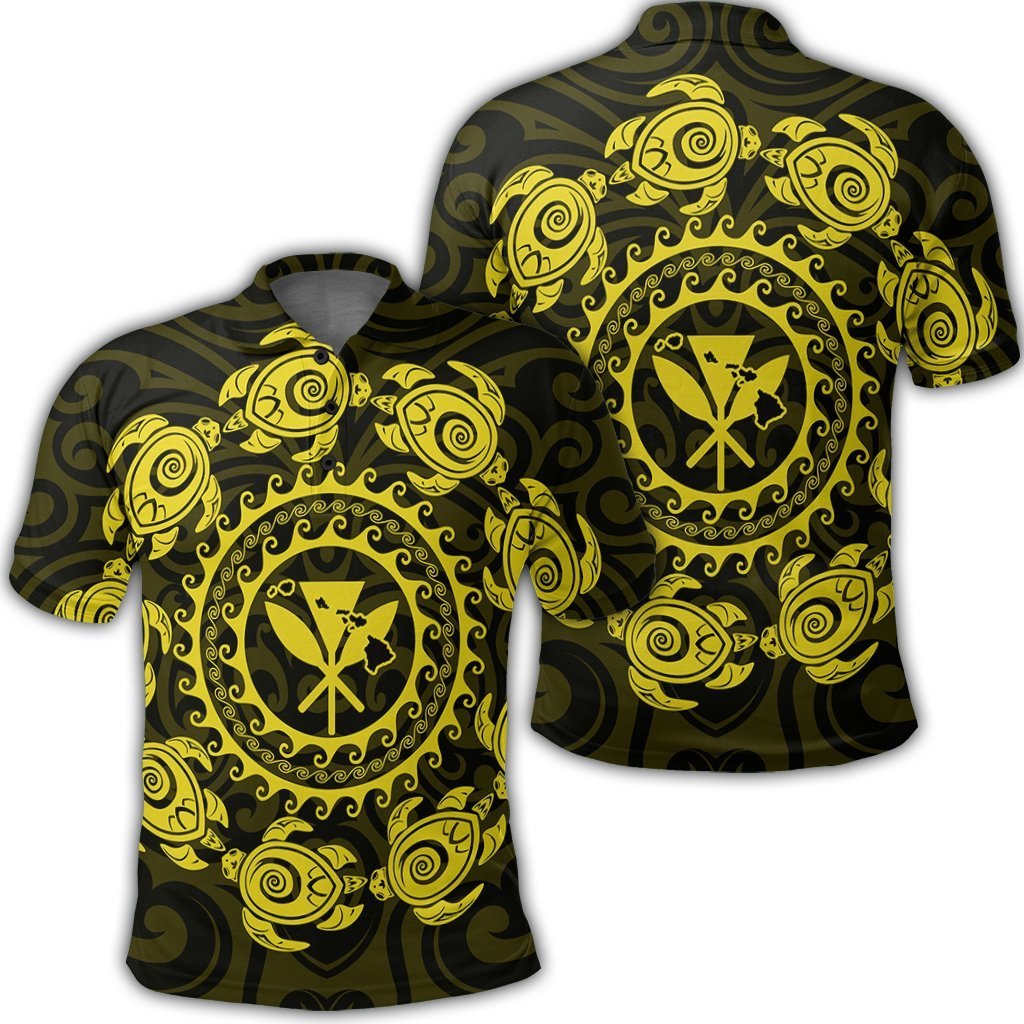 Hawaiian Map Kanaka Turtles Circle Style Yellow Polynesian Polo Shirt Unisex Black - Polynesian Pride