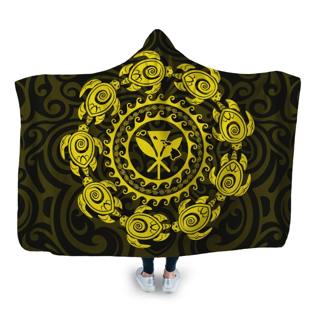 Hawaiian Map Kanaka Turtles Circle Style Yellow Polynesian Hooded Blanket - AH Hooded Blanket White - Polynesian Pride