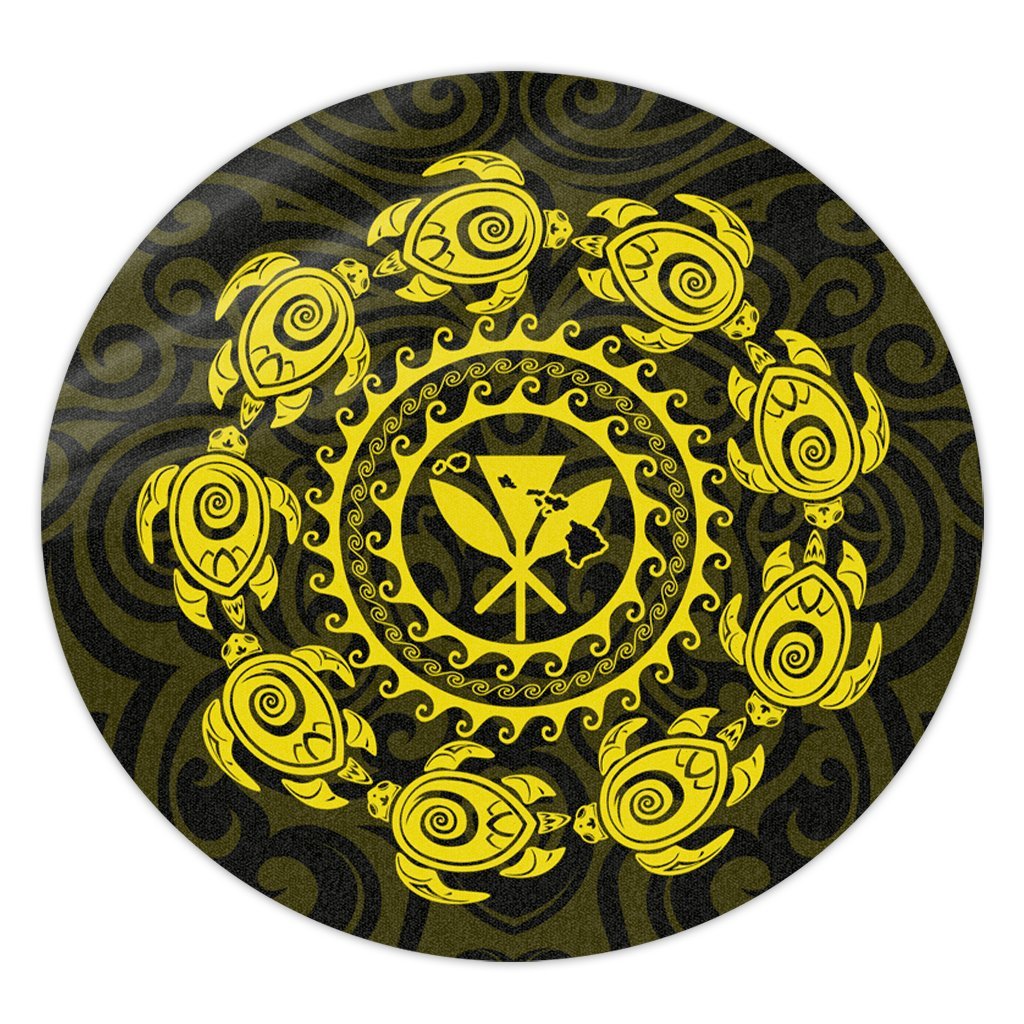 Hawaiian Map Kanaka Turtles Circle Style Yellow Polynesian Round Carpet - AH Round Carpet Luxurious Plush - Polynesian Pride