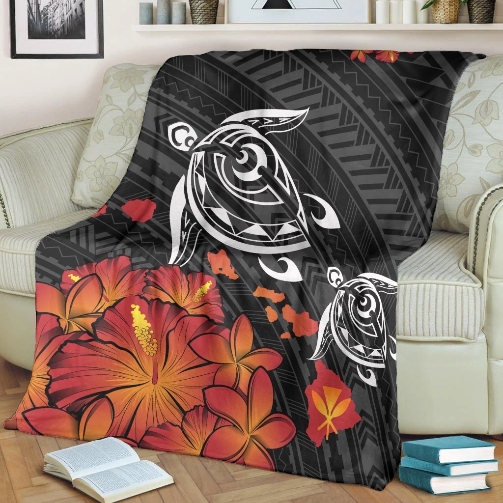 Hawaiian Map Kanaka Turtles Hibiscus Plumeria Premium Blankets - AH - Polynesian Pride