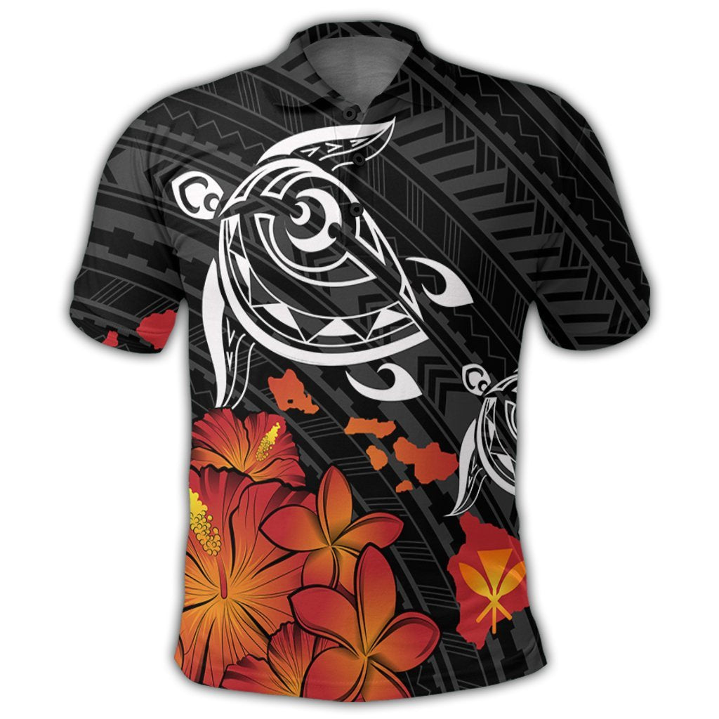 Hawaiian Map Kanaka Turtles Hibiscus Plumeria Polo Shirt - Polynesian Pride