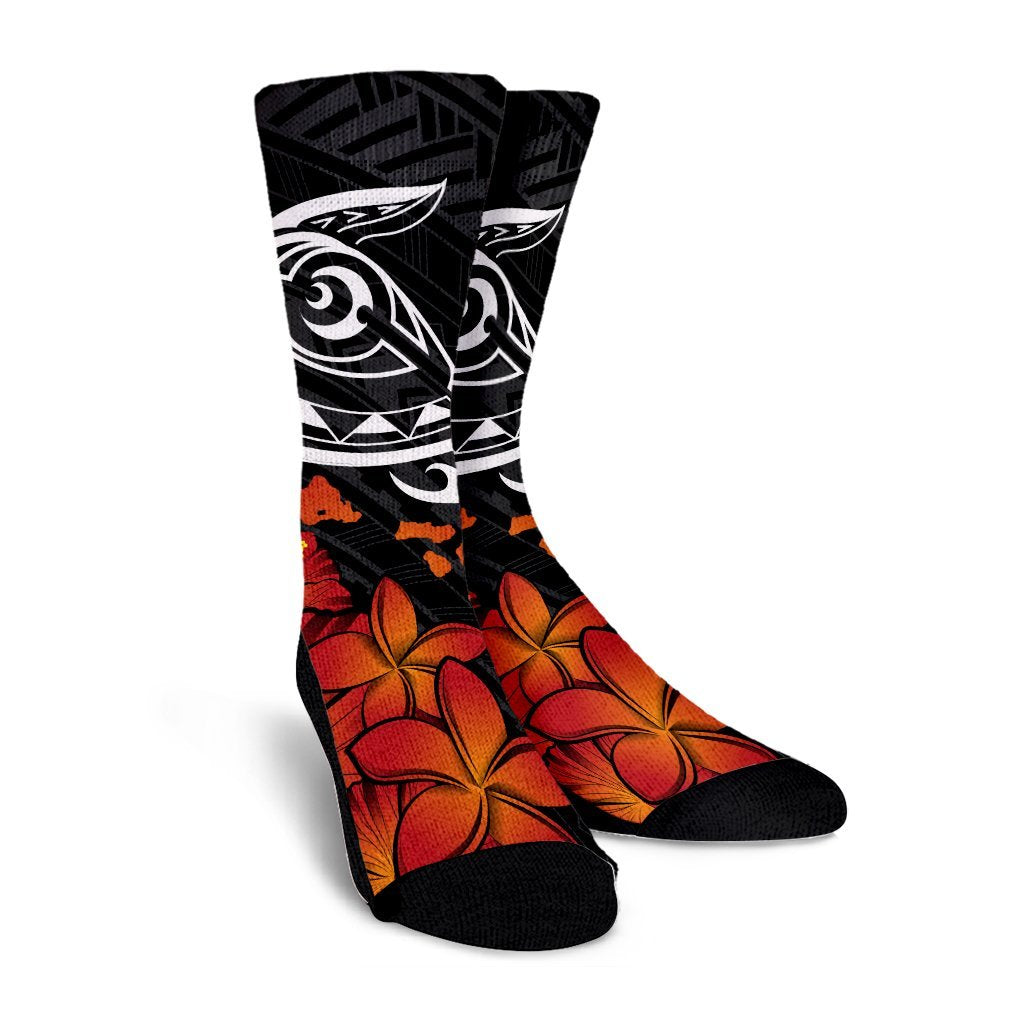 Hawaiian Map Kanaka Turtles Hibiscus Plumeria Crew Socks - AH - Polynesian Pride