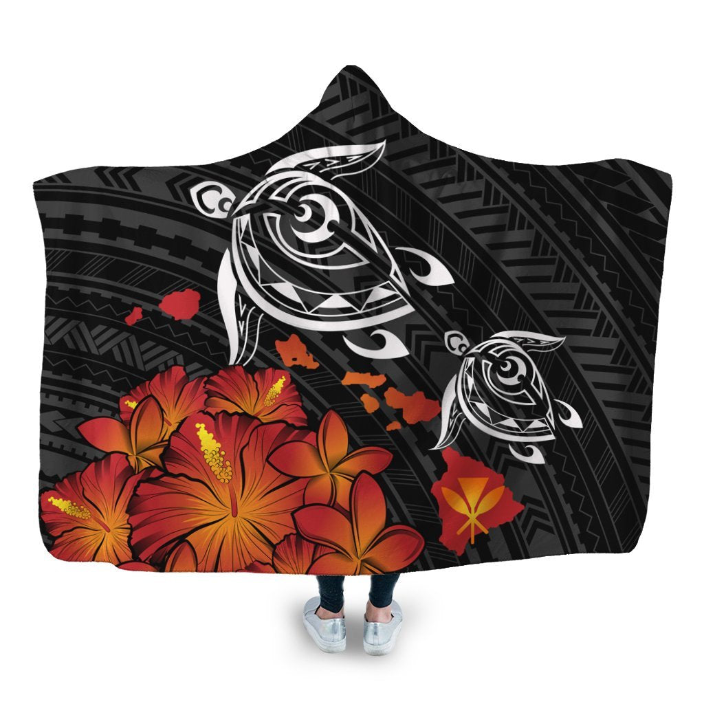 Hawaiian Map Kanaka Turtles Hibiscus Plumeria Hooded Blanket - AH Hooded Blanket White - Polynesian Pride