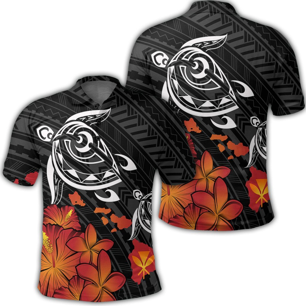 Hawaiian Map Kanaka Turtles Hibiscus Plumeria Polo Shirt Unisex Black - Polynesian Pride