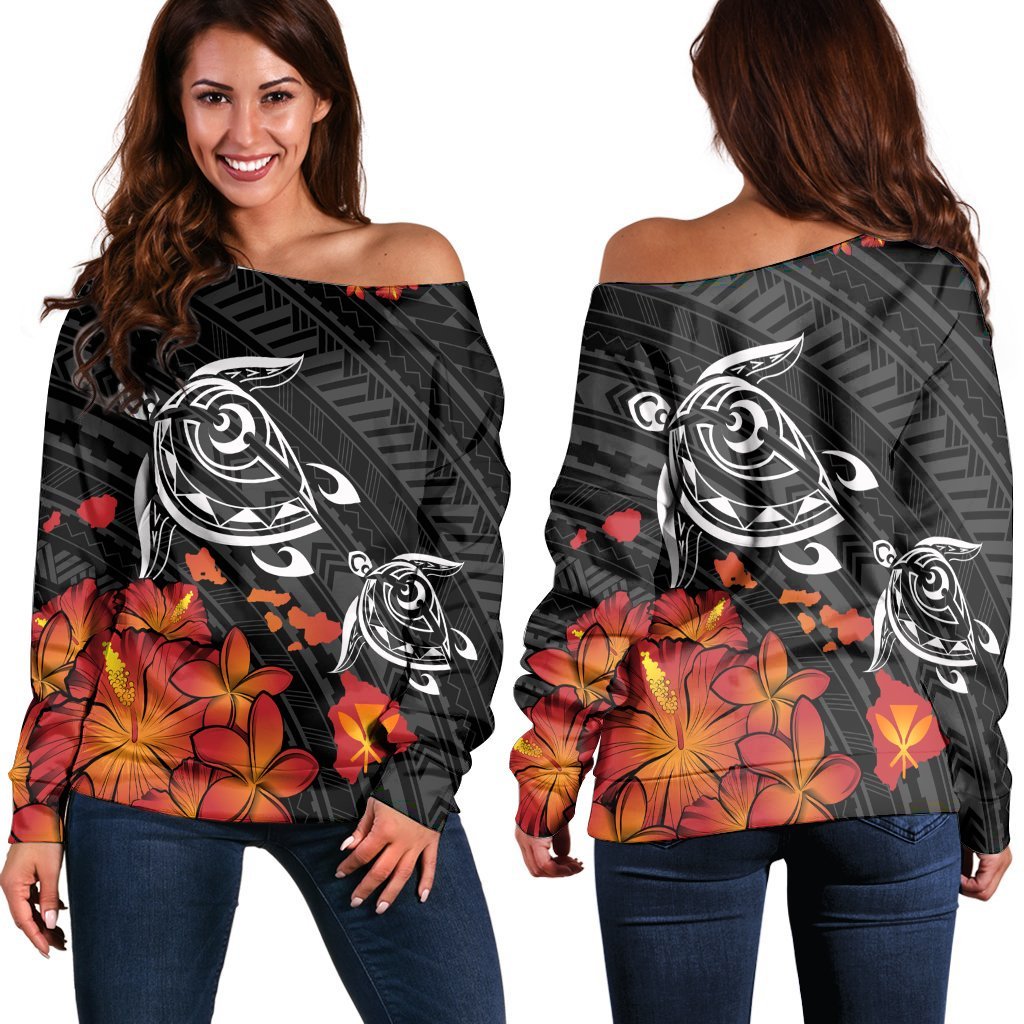 Hawaiian Map Kanaka Turtles Hibiscus Plumeria Women's Off Shoulder Sweater - AH Black - Polynesian Pride