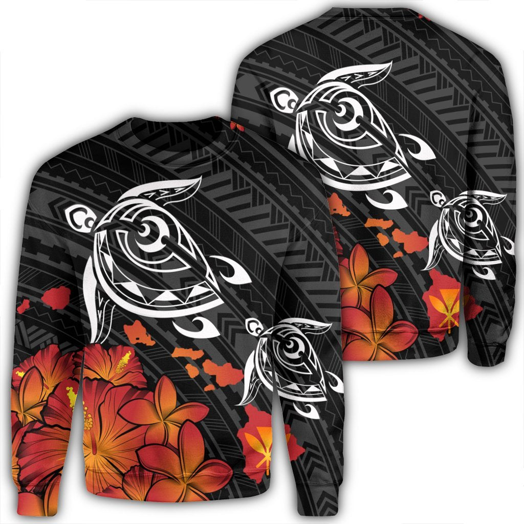 Hawaiian Map Kanaka Turtles Hibiscus Plumeria Sweatshirt - AH Unisex Black - Polynesian Pride