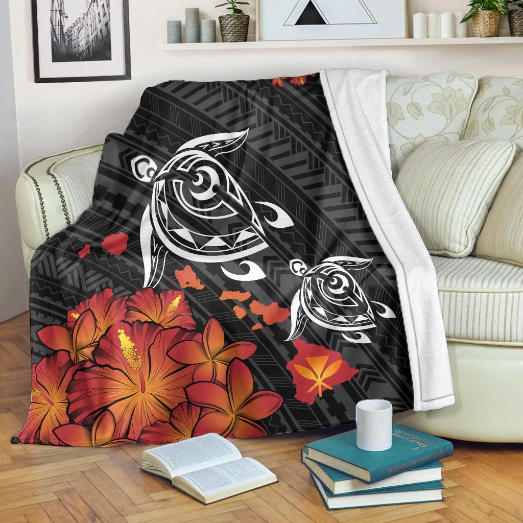 Hawaiian Map Kanaka Turtles Hibiscus Plumeria Premium Blankets - AH White - Polynesian Pride