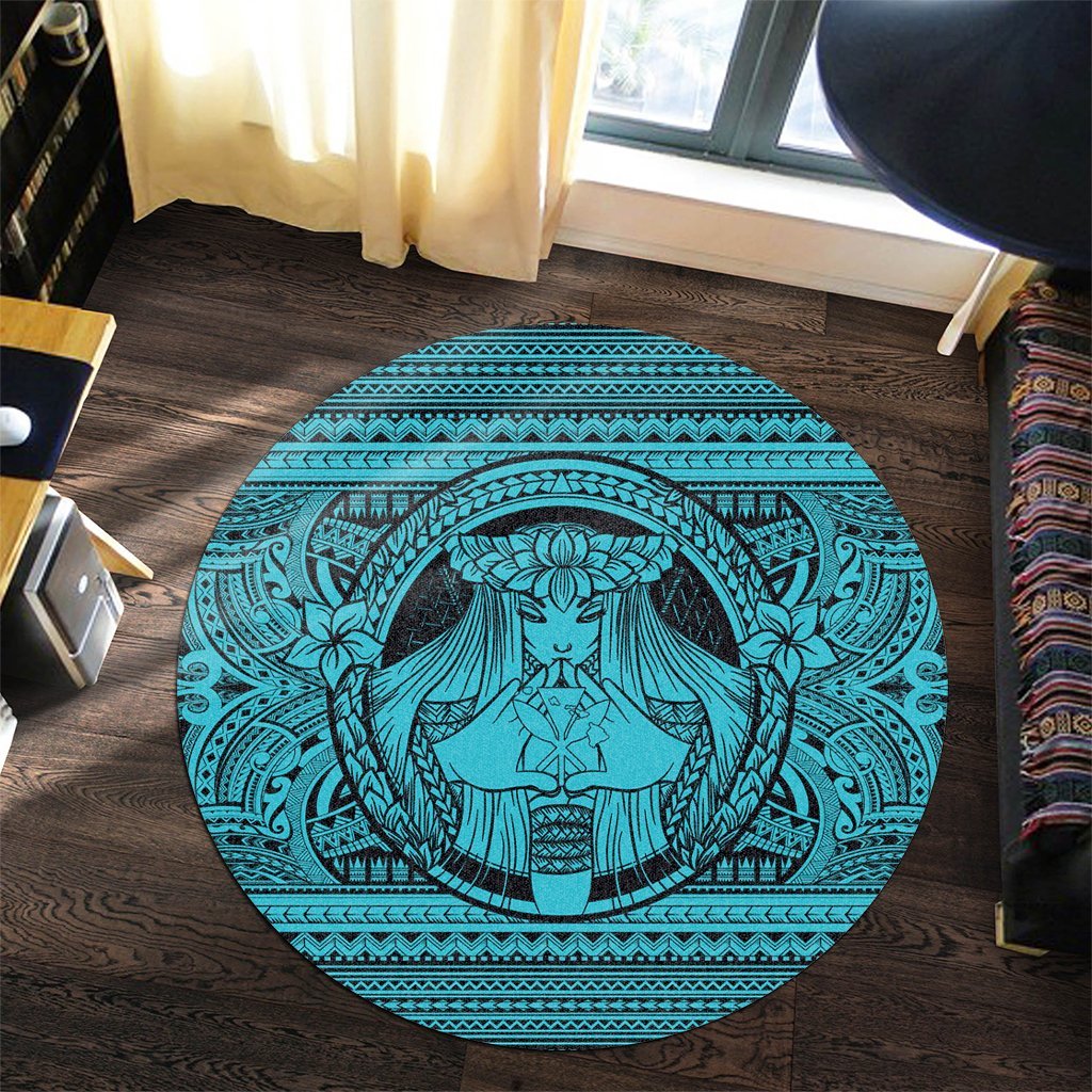 Hawaiian Map Madame Pele Kanaka Plumeria Polynesian Round Carpet Blue AH - Polynesian Pride