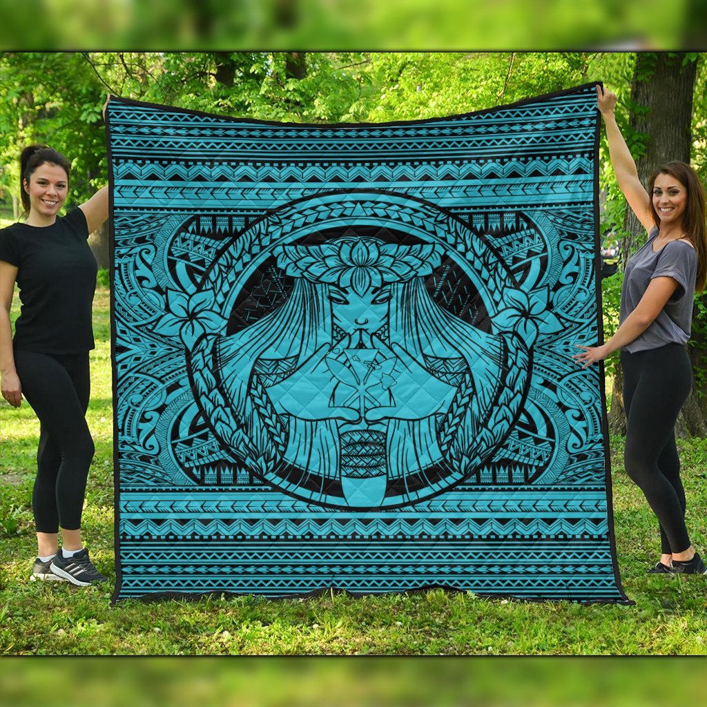 Hawaiian Map Madame Pele Kanaka Plumeria Polynesian Premium Quilts Blue AH Black - Polynesian Pride