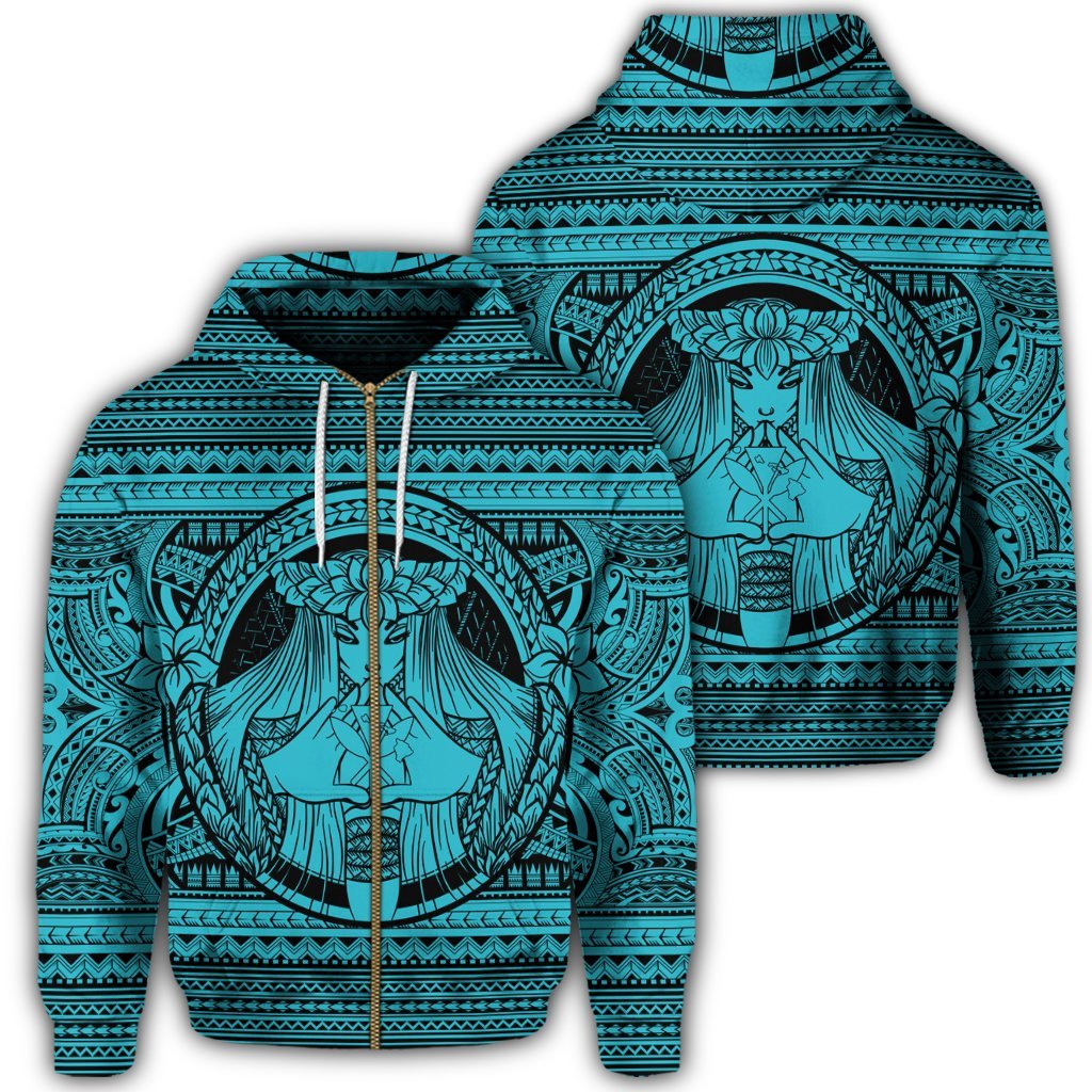Hawaiian Map Madame Pele Kanaka Plumeria Polynesian Zip Hoodie Blue Unisex Art - Polynesian Pride