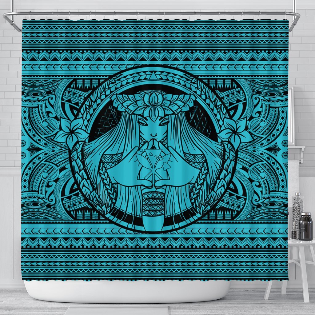 Hawaiian Map Madame Pele Kanaka Plumeria Polynesian Shower Curtain Blue AH 177 x 172 (cm) Black - Polynesian Pride