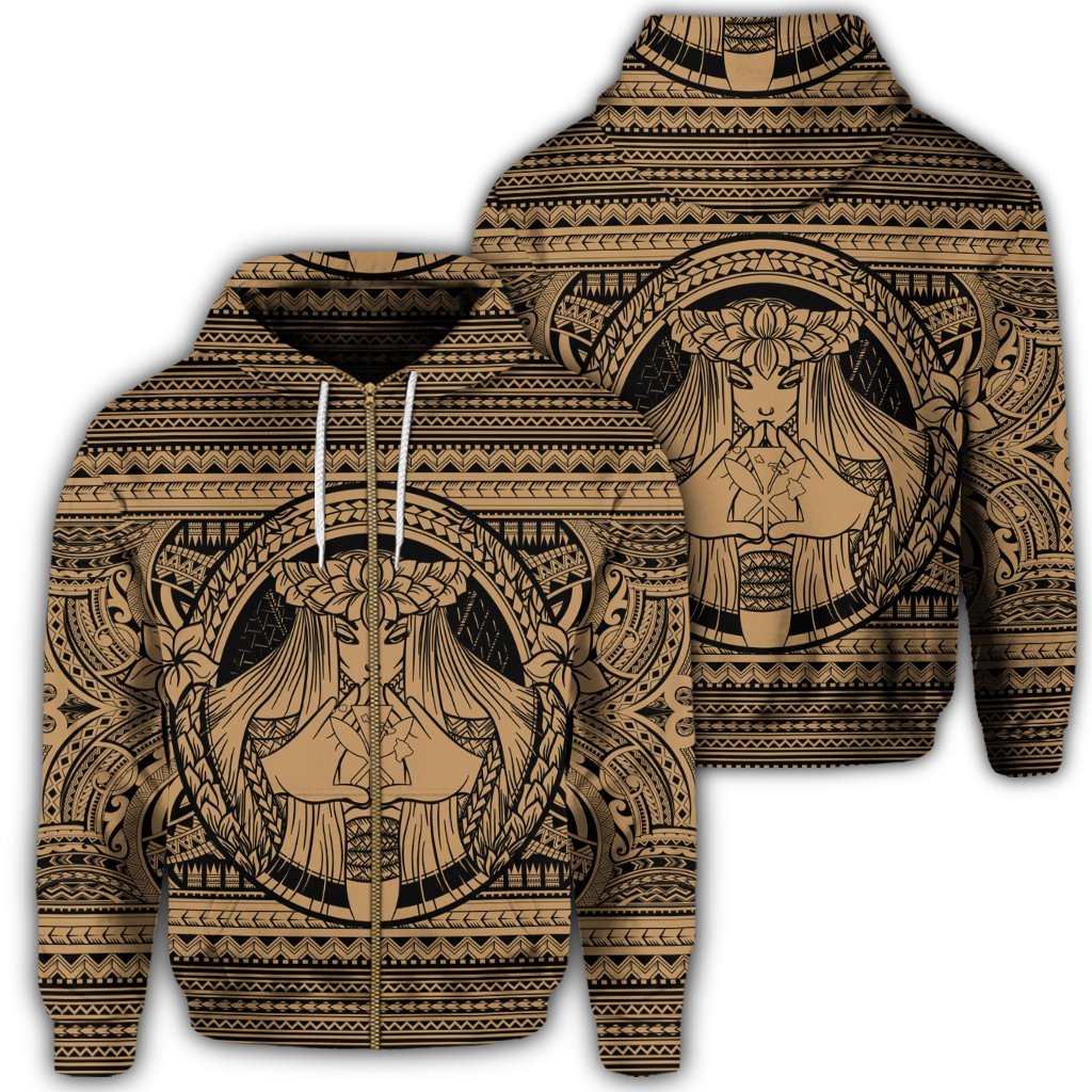 Hawaiian Map Madame Pele Kanaka Plumeria Polynesian Zip Hoodie Gold Unisex Art - Polynesian Pride