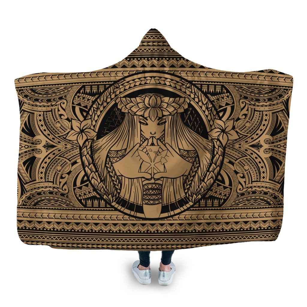 Hawaiian Map Madame Pele Kanaka Plumeria Polynesian Hooded Blanket Gold AH Hooded Blanket White - Polynesian Pride