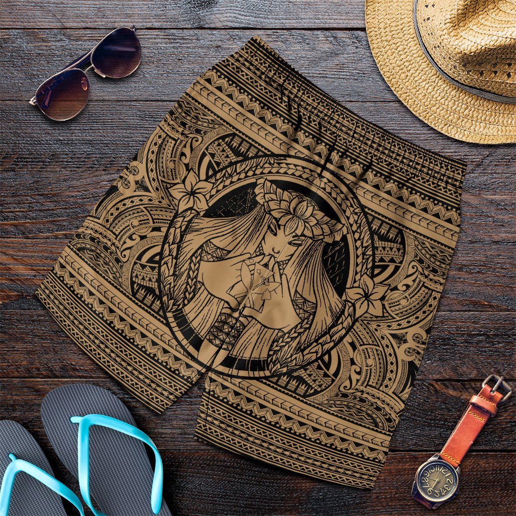 Hawaiian Map Madame Pele Kanaka Plumeria Polynesian Men's Shorts Gold AH Art - Polynesian Pride