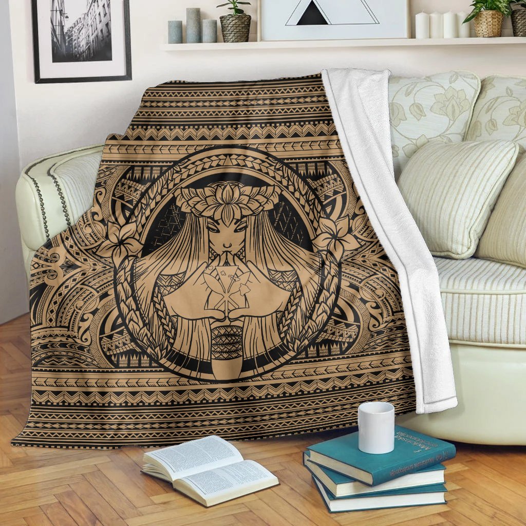 Hawaiian Map Madame Pele Kanaka Plumeria Polynesian Premium Blankets Gold AH White - Polynesian Pride