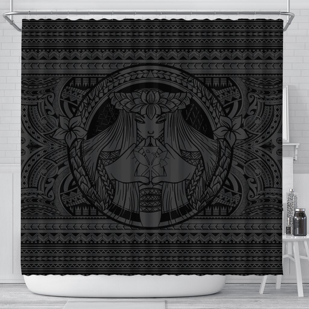 Hawaiian Map Madame Pele Kanaka Plumeria Polynesian Shower Curtain Gray AH 177 x 172 (cm) Black - Polynesian Pride