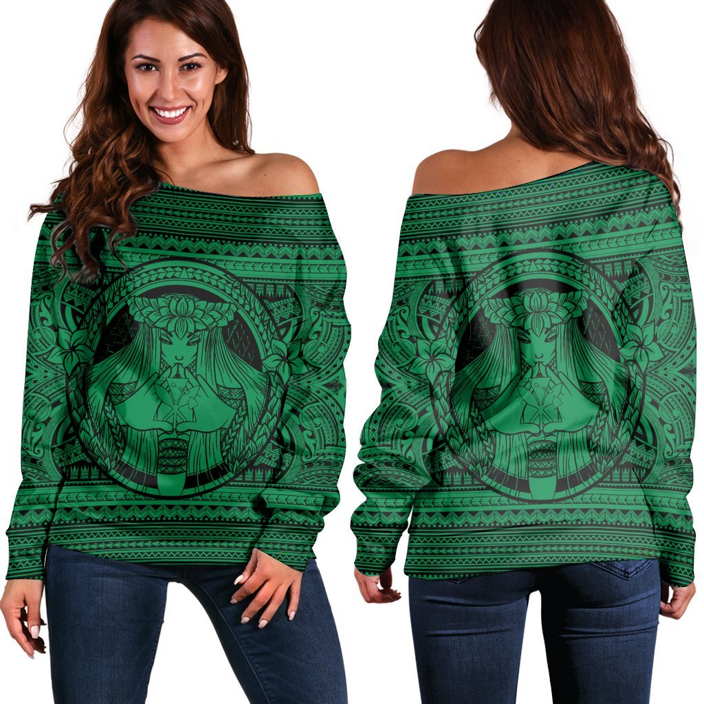 Hawaiian Map Madame Pele Kanaka Plumeria Polynesian Women's Off Shoulder Sweater Green AH Black - Polynesian Pride