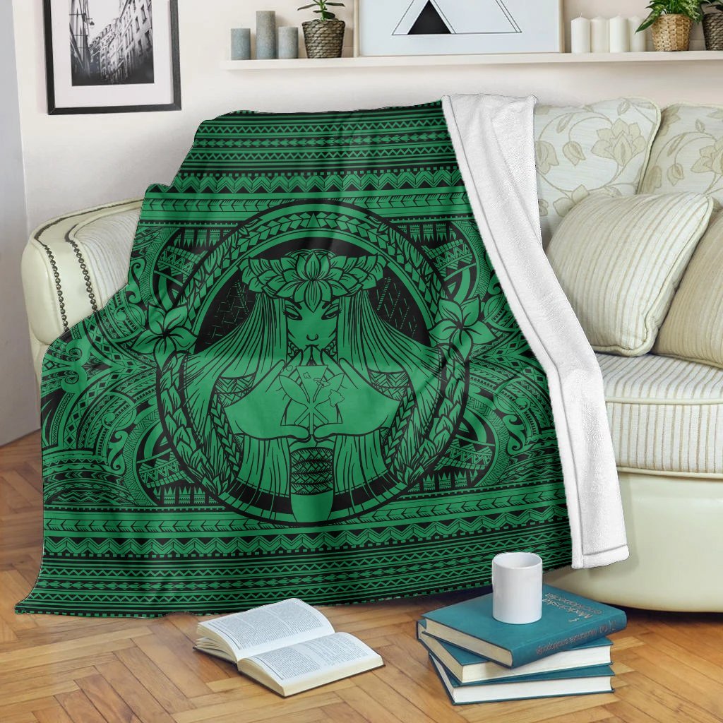 Hawaiian Map Madame Pele Kanaka Plumeria Polynesian Premium Blankets Green AH White - Polynesian Pride