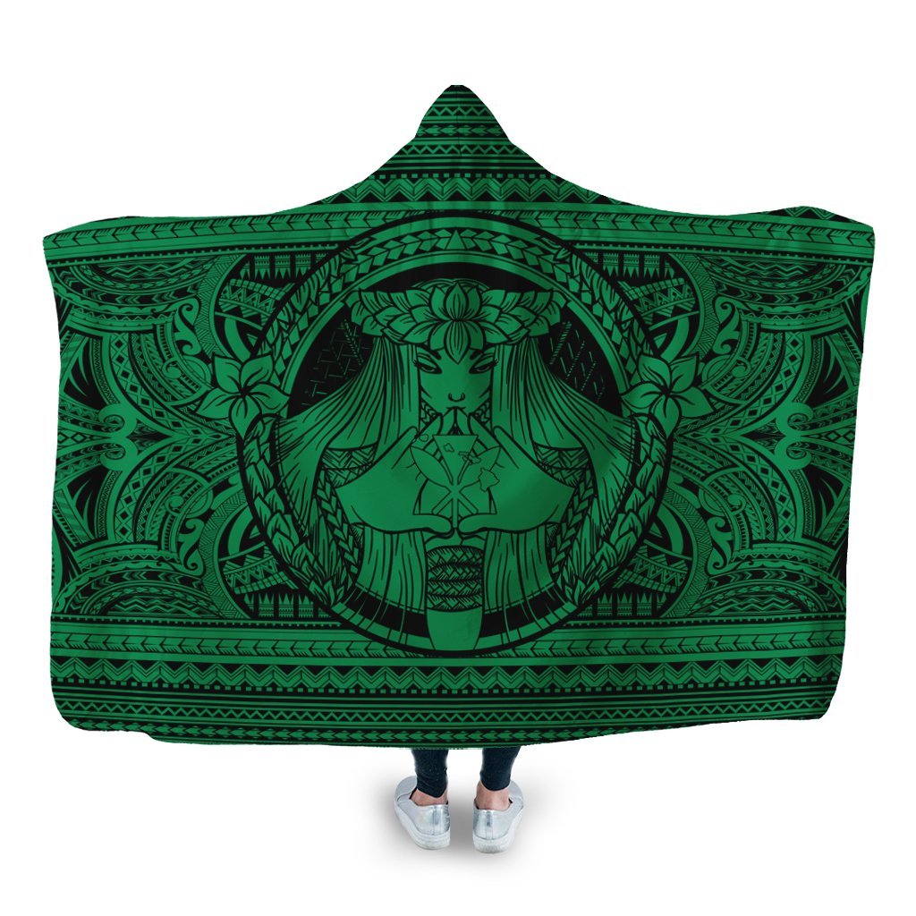 Hawaiian Map Madame Pele Kanaka Plumeria Polynesian Hooded Blanket Green AH Hooded Blanket White - Polynesian Pride