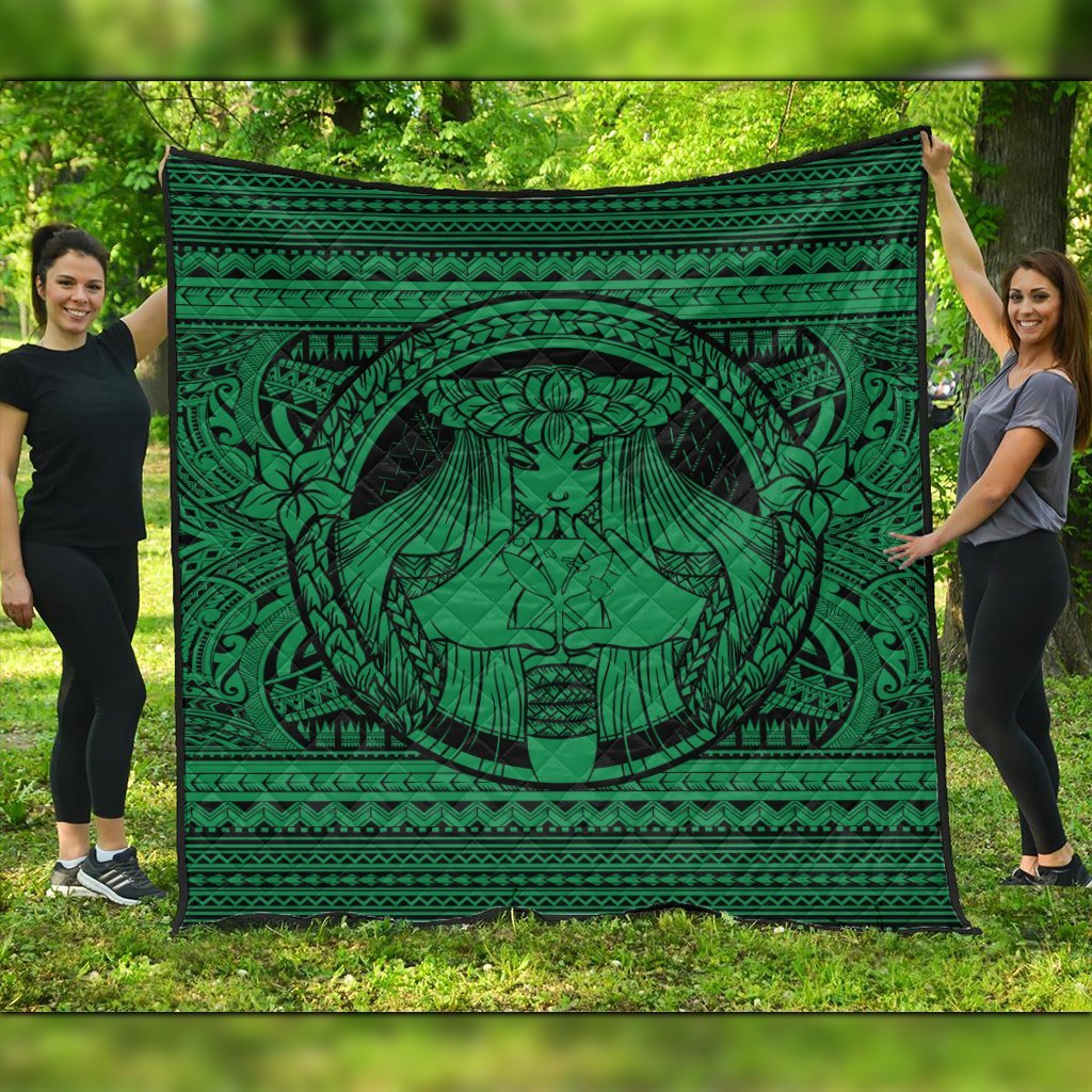 Hawaiian Map Madame Pele Kanaka Plumeria Polynesian Premium Quilts Green AH Black - Polynesian Pride