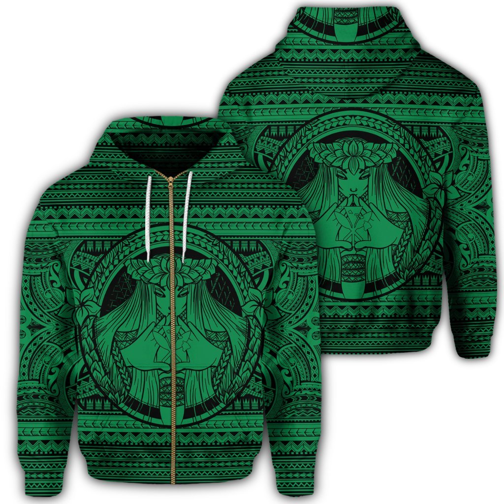 Hawaiian Map Madame Pele Kanaka Plumeria Polynesian Zip Hoodie Green Unisex Art - Polynesian Pride