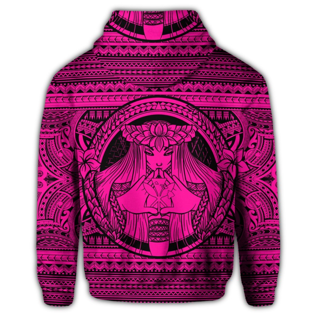 Hawaiian Map Madame Pele Kanaka Plumeria Polynesian Zip Hoodie Pink - Polynesian Pride