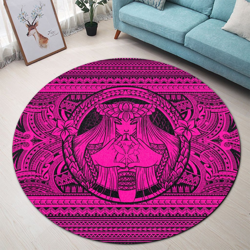 Hawaiian Map Madame Pele Kanaka Plumeria Polynesian Round Carpet Pink AH - Polynesian Pride