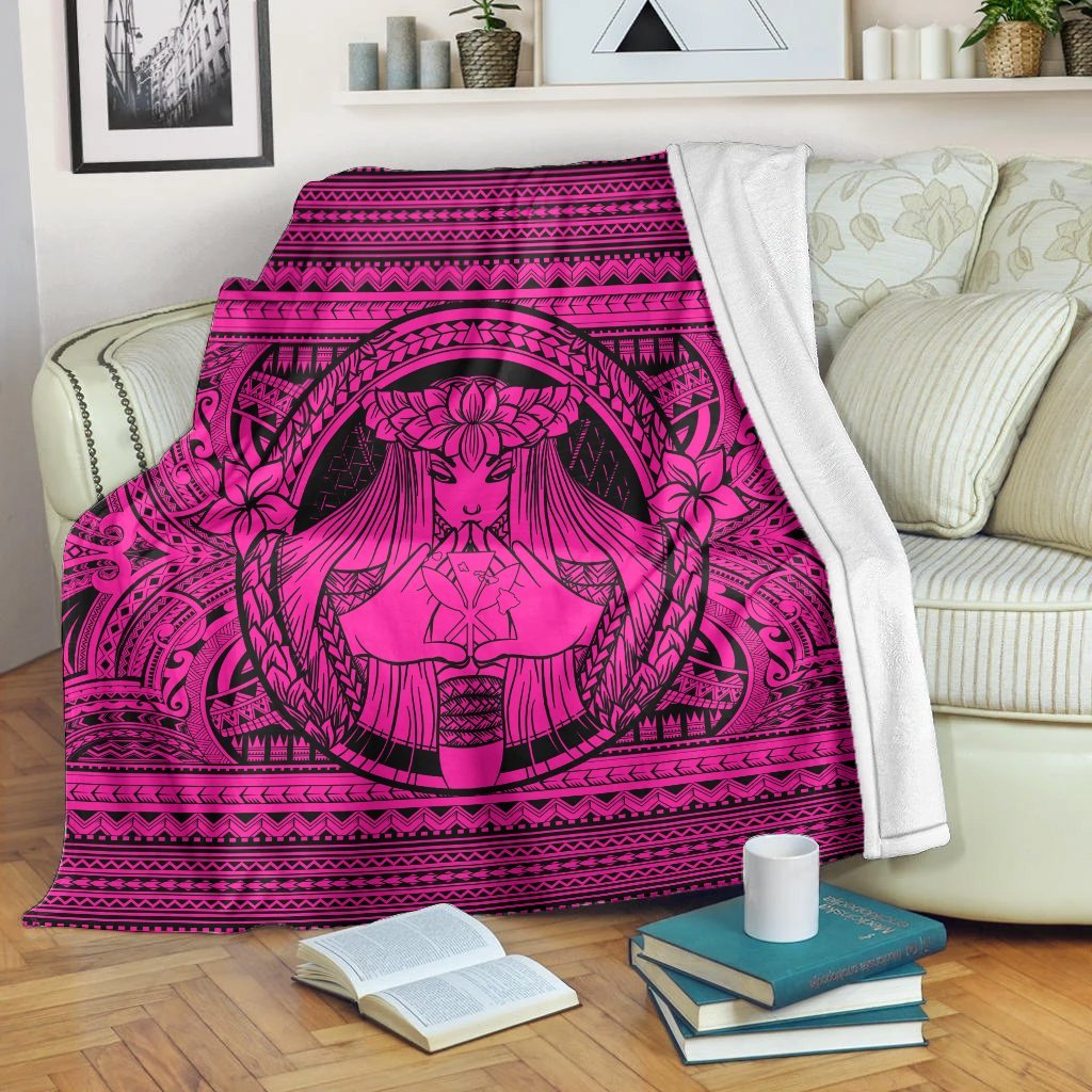 Hawaiian Map Madame Pele Kanaka Plumeria Polynesian Premium Blankets Pink AH White - Polynesian Pride