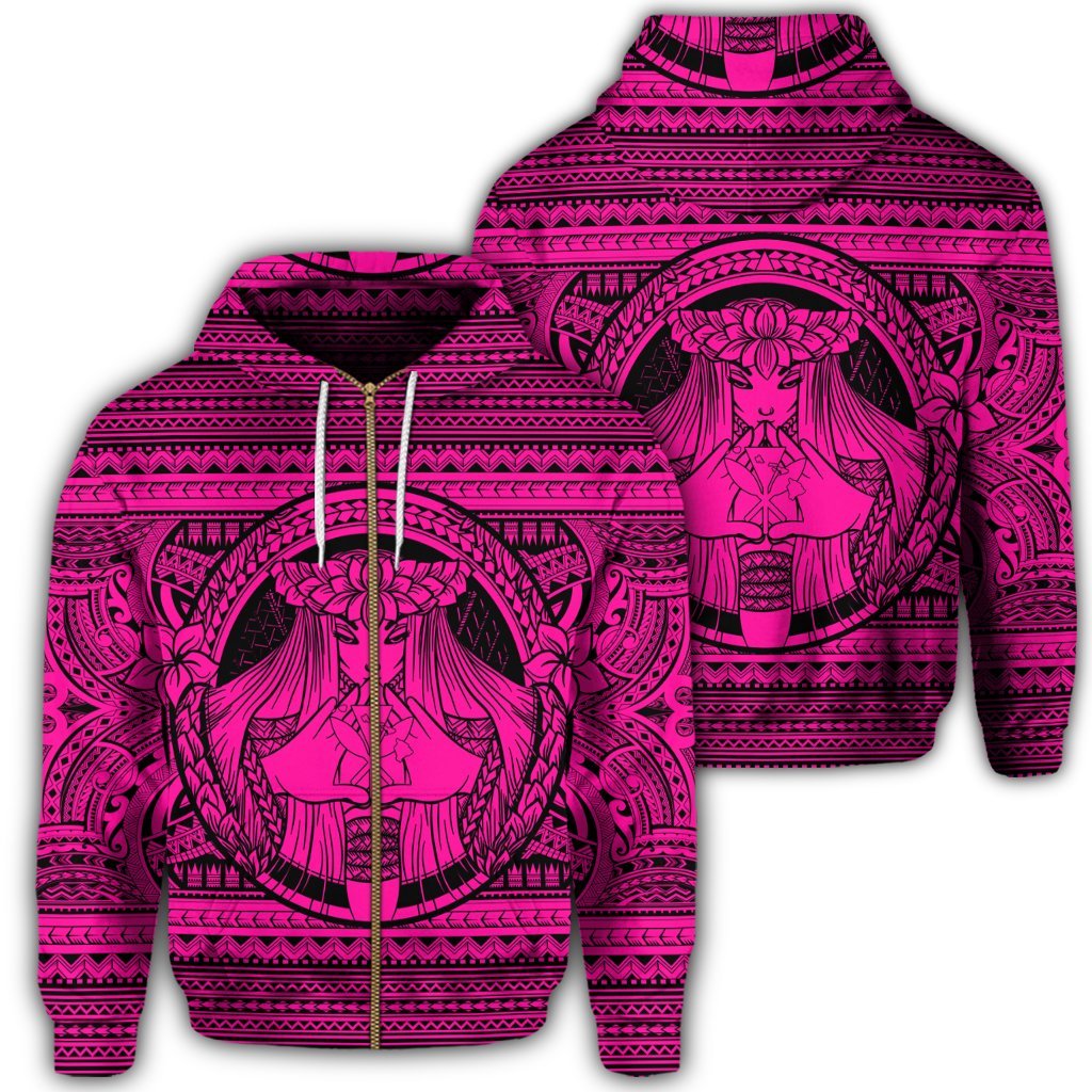 Hawaiian Map Madame Pele Kanaka Plumeria Polynesian Zip Hoodie Pink Unisex Art - Polynesian Pride