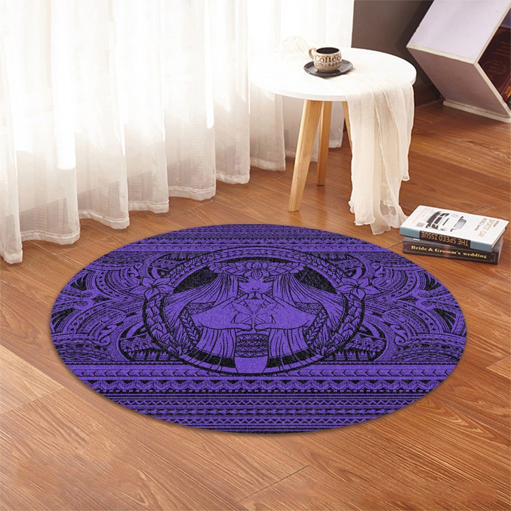 Hawaiian Map Madame Pele Kanaka Plumeria Polynesian Round Carpet Purple AH - Polynesian Pride