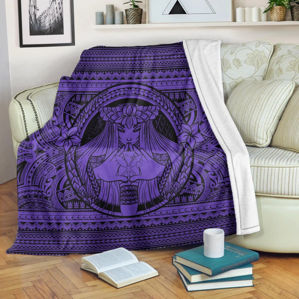 Hawaiian Map Madame Pele Kanaka Plumeria Polynesian Premium Blankets Purple AH White - Polynesian Pride