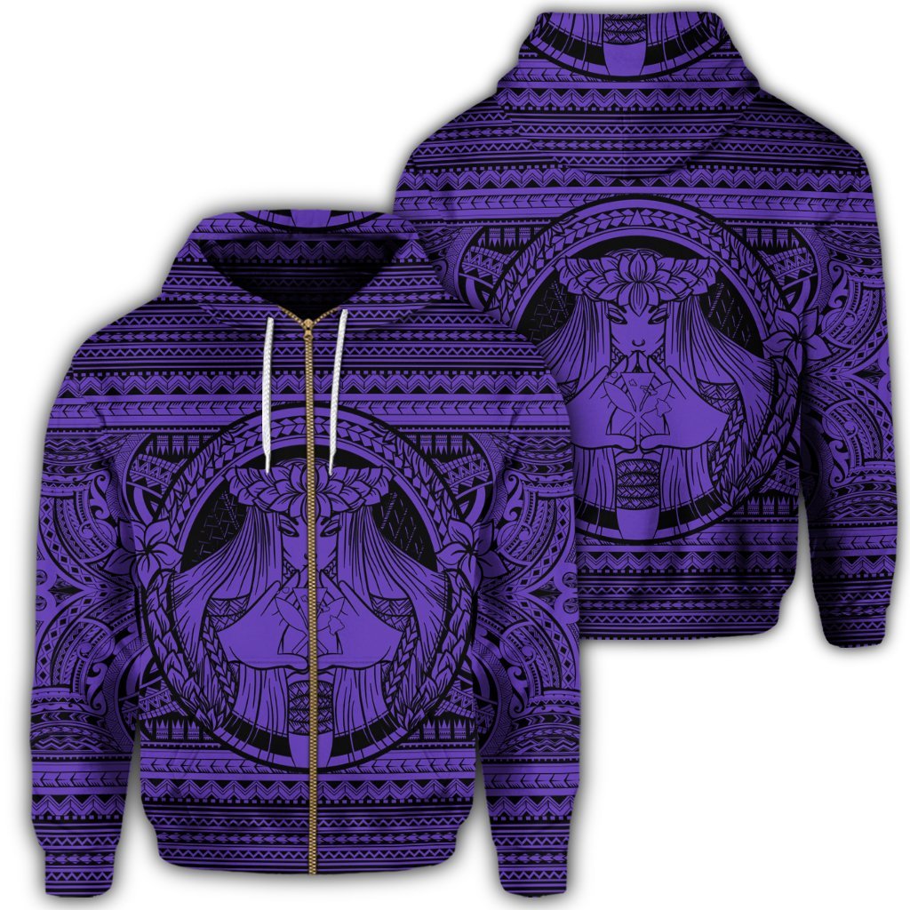 Hawaiian Map Madame Pele Kanaka Plumeria Polynesian Zip Hoodie Purple Unisex Art - Polynesian Pride