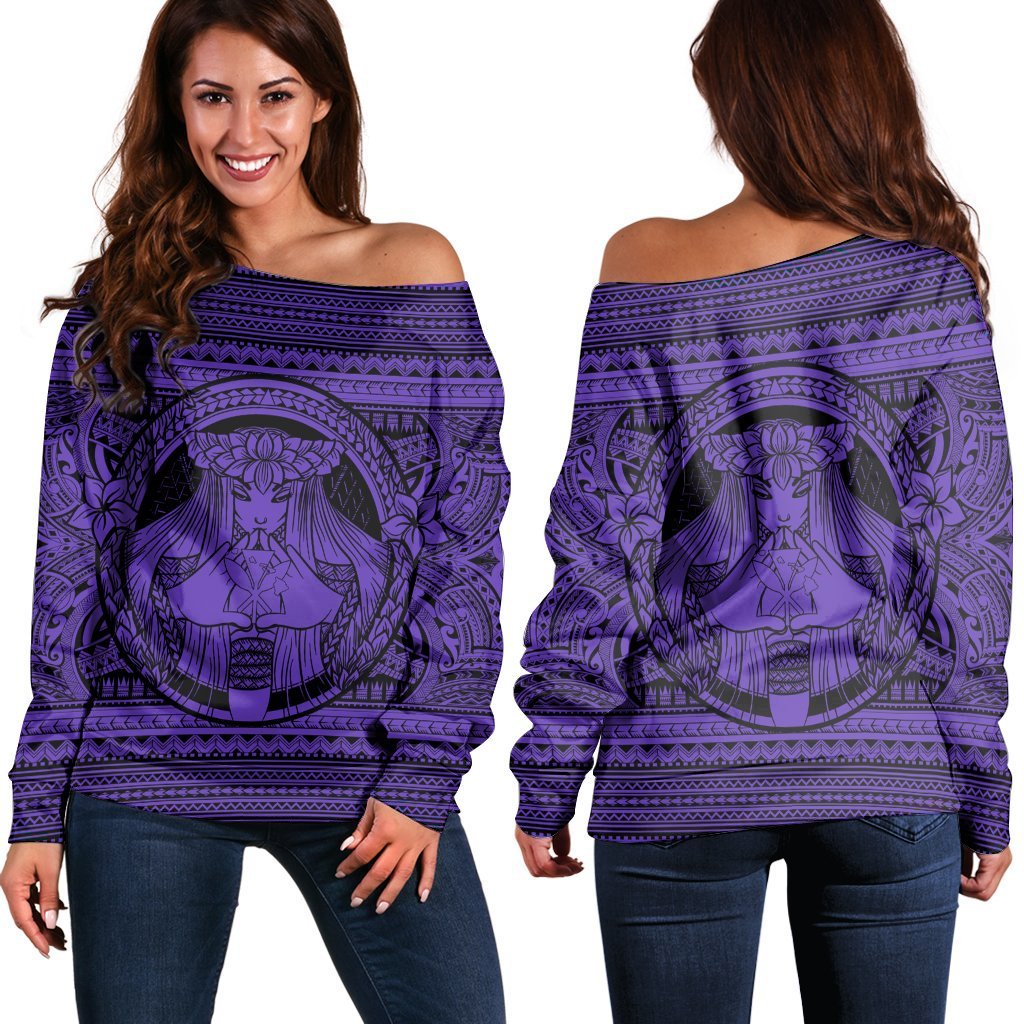 Hawaiian Map Madame Pele Kanaka Plumeria Polynesian Women's Off Shoulder Sweater Purple AH Black - Polynesian Pride