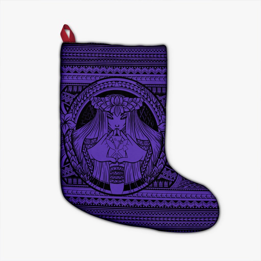 Hawaiian Map Madame Pele Kanaka Plumeria Polynesian Christmas Stocking Purple AH Christmas Stocking 26 X 42 cm Black - Polynesian Pride