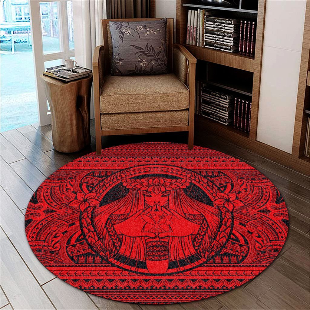 Hawaiian Map Madame Pele Kanaka Plumeria Polynesian Round Carpet Red AH - Polynesian Pride