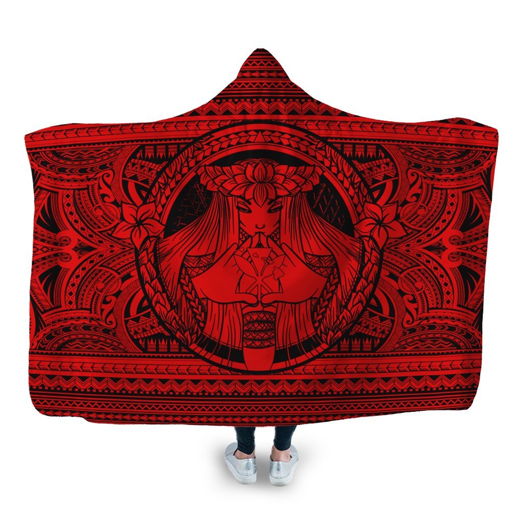 Hawaiian Map Madame Pele Kanaka Plumeria Polynesian Hooded Blanket Red AH Hooded Blanket White - Polynesian Pride