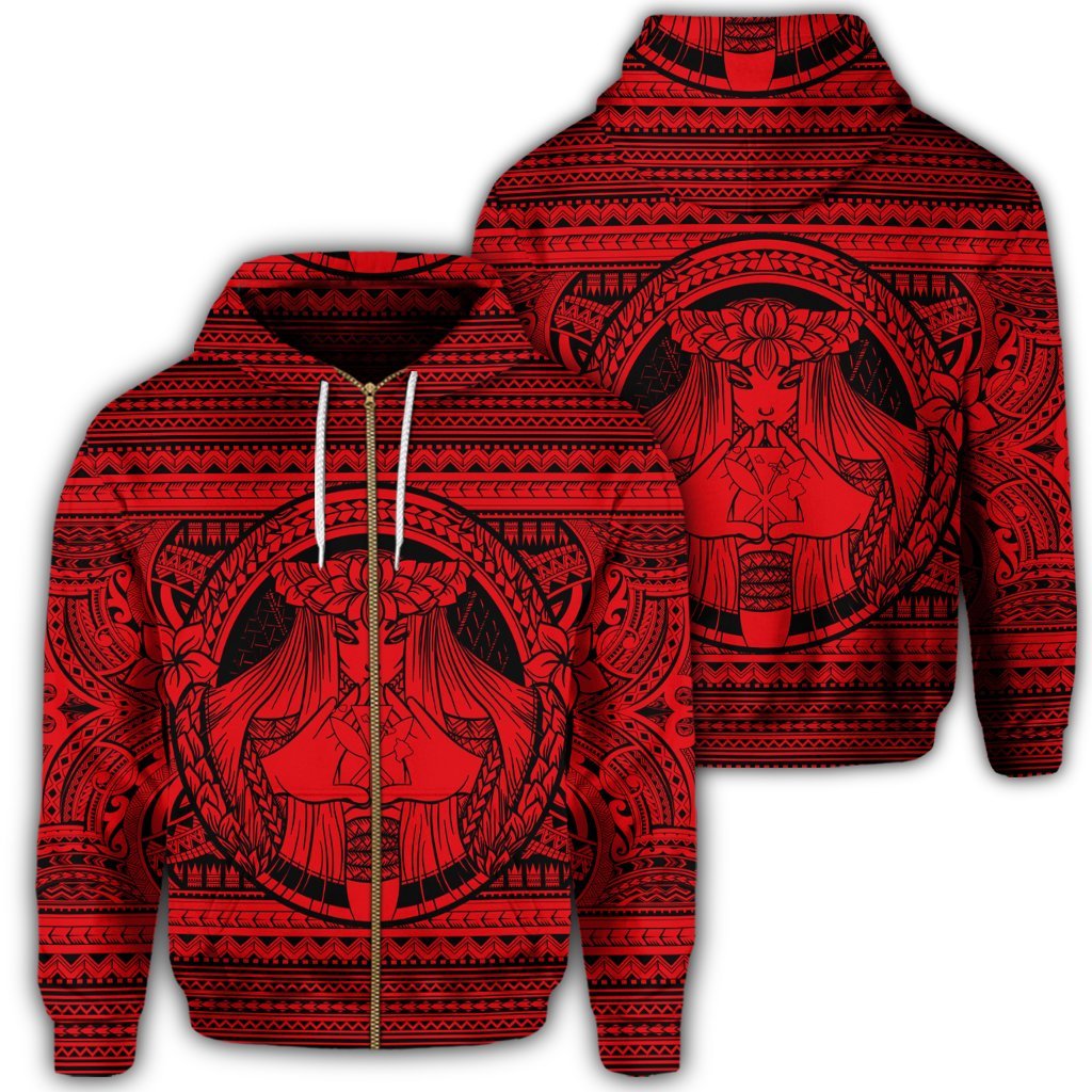 Hawaiian Map Madame Pele Kanaka Plumeria Polynesian Zip Hoodie Red Unisex Art - Polynesian Pride