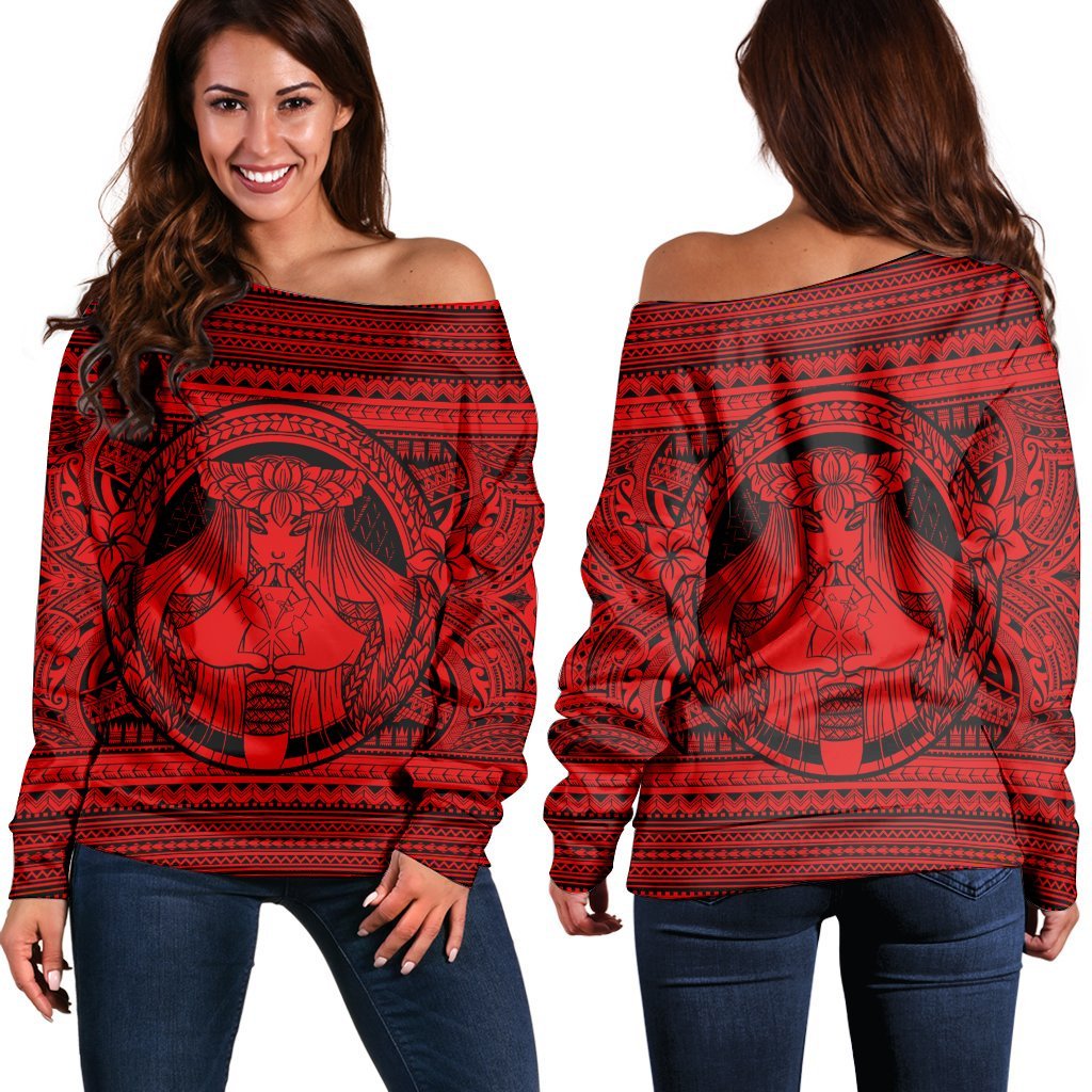 Hawaiian Map Madame Pele Kanaka Plumeria Polynesian Women's Off Shoulder Sweater Red AH Black - Polynesian Pride