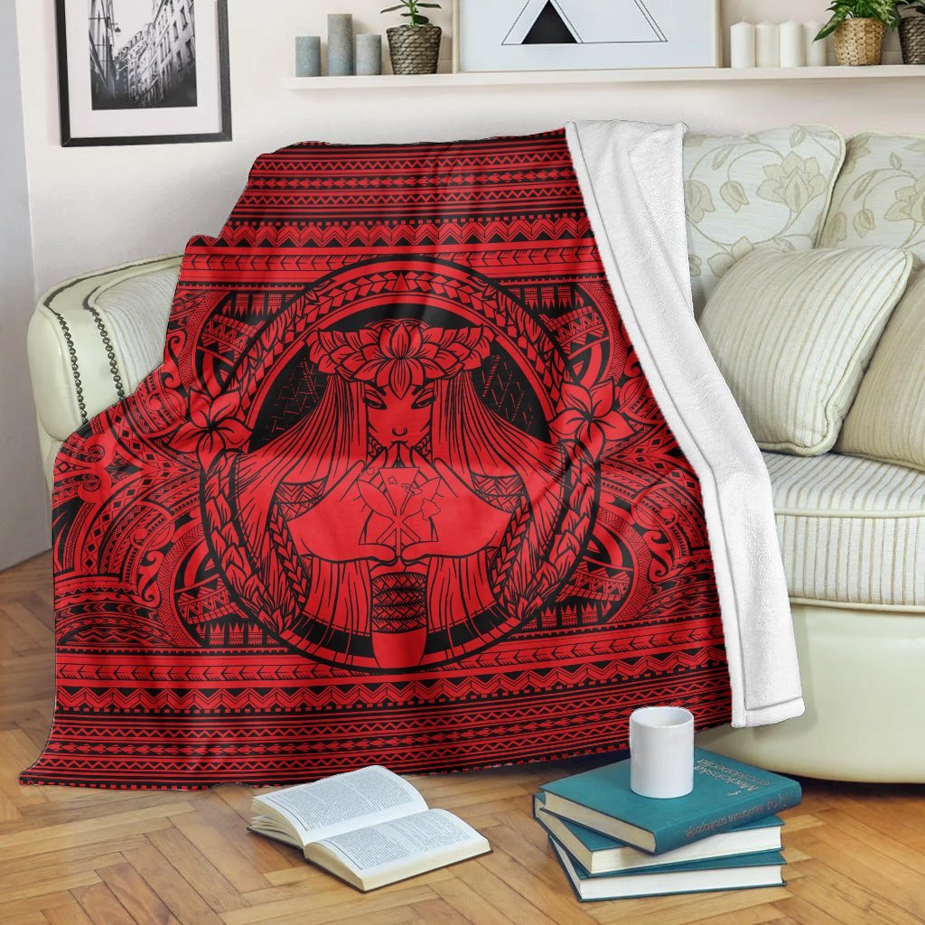 Hawaiian Map Madame Pele Kanaka Plumeria Polynesian Premium Blankets Red AH White - Polynesian Pride