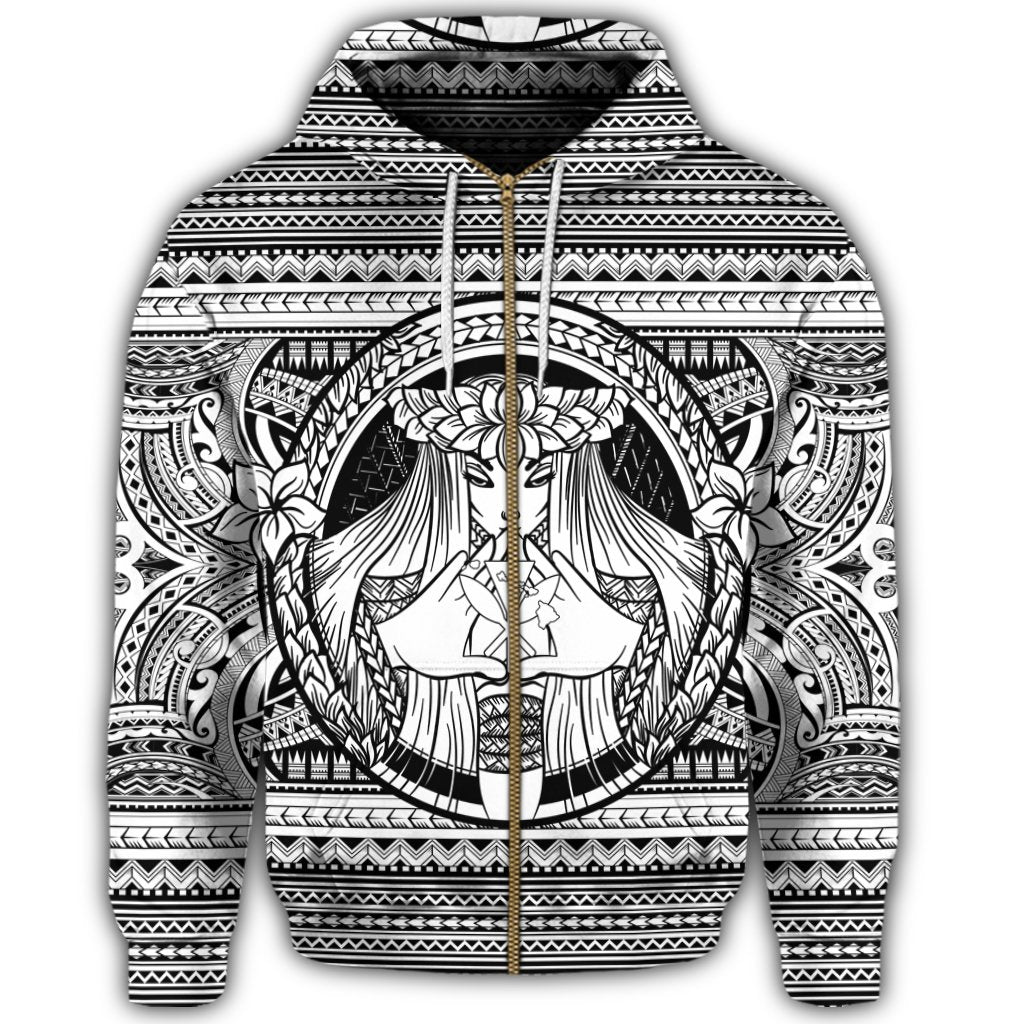 Hawaiian Map Madame Pele Kanaka Plumeria Polynesian Zip Hoodie White - Polynesian Pride