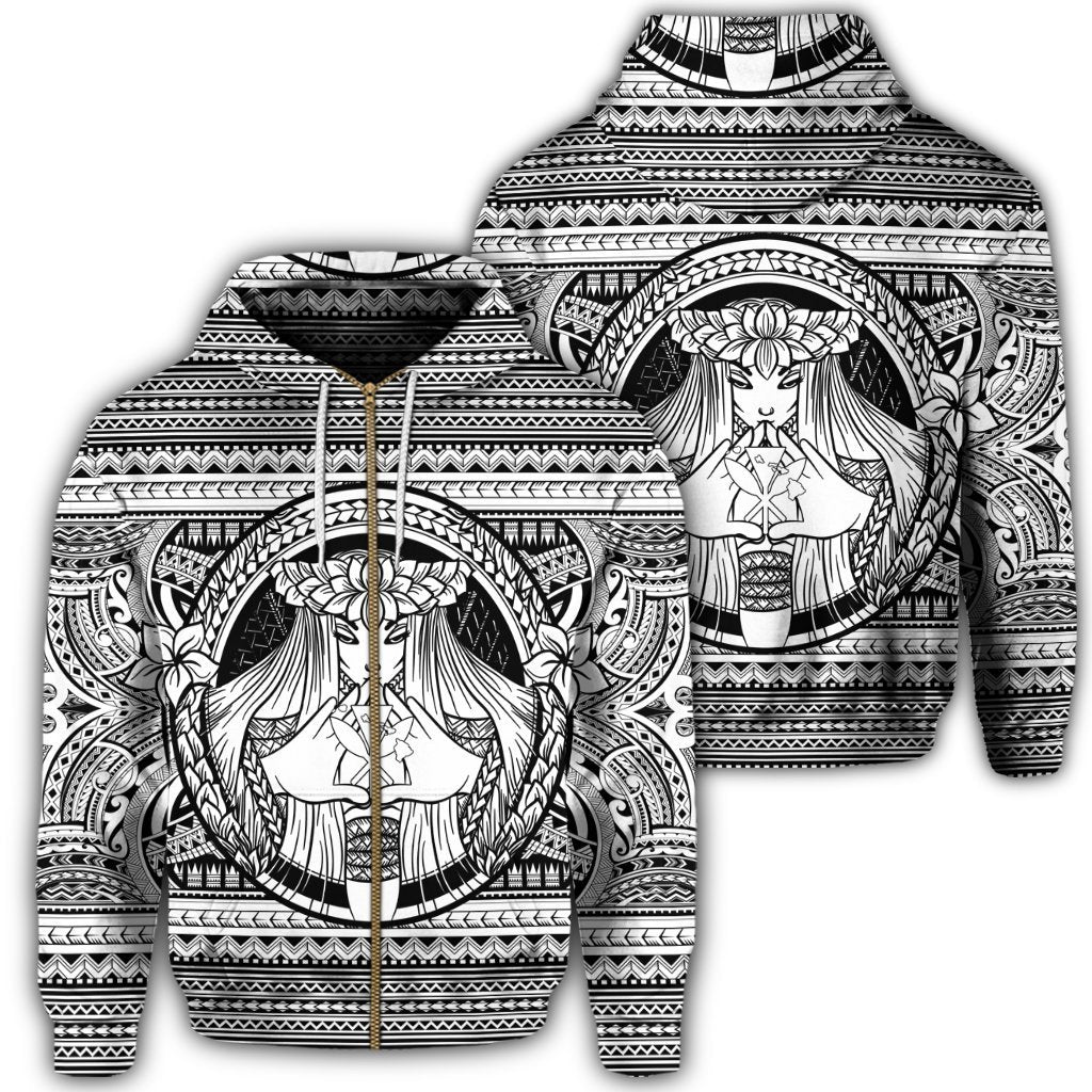 Hawaiian Map Madame Pele Kanaka Plumeria Polynesian Zip Hoodie White Unisex Art - Polynesian Pride