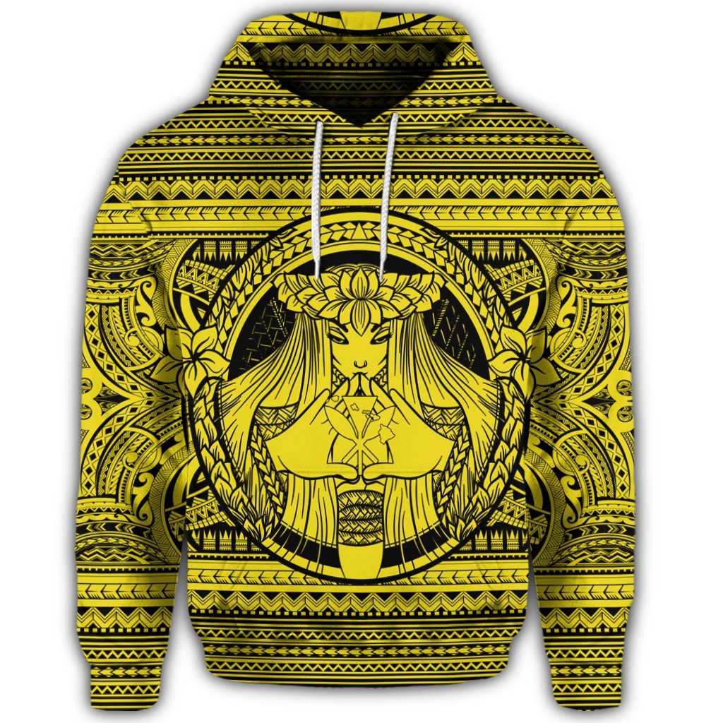 Hawaiian Map Madame Pele Kanaka Plumeria Polynesian Hoodie Yellow - Polynesian Pride