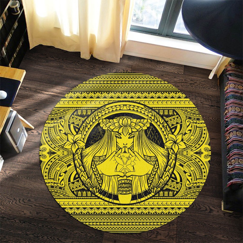 Hawaiian Map Madame Pele Kanaka Plumeria Polynesian Round Carpet Yellow AH - Polynesian Pride