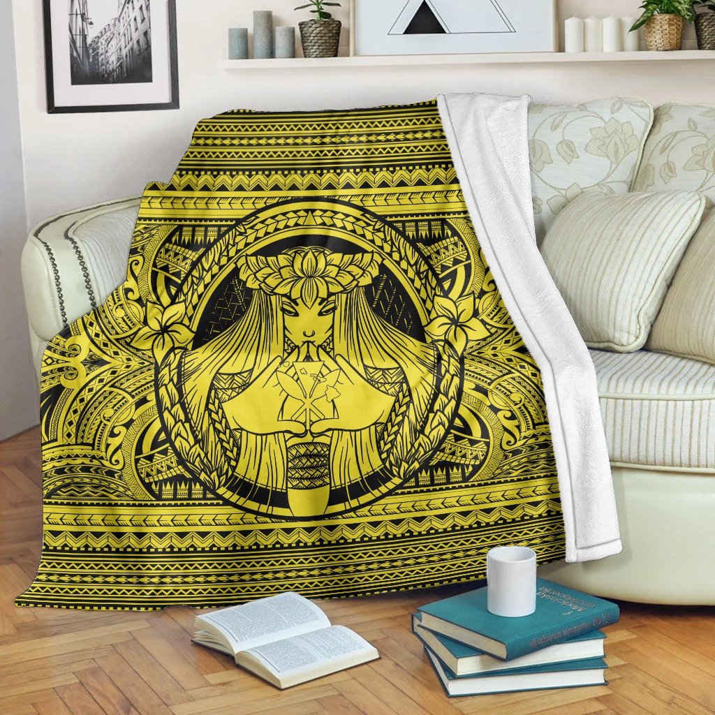 Hawaiian Map Madame Pele Kanaka Plumeria Polynesian Premium Blankets Yellow AH White - Polynesian Pride