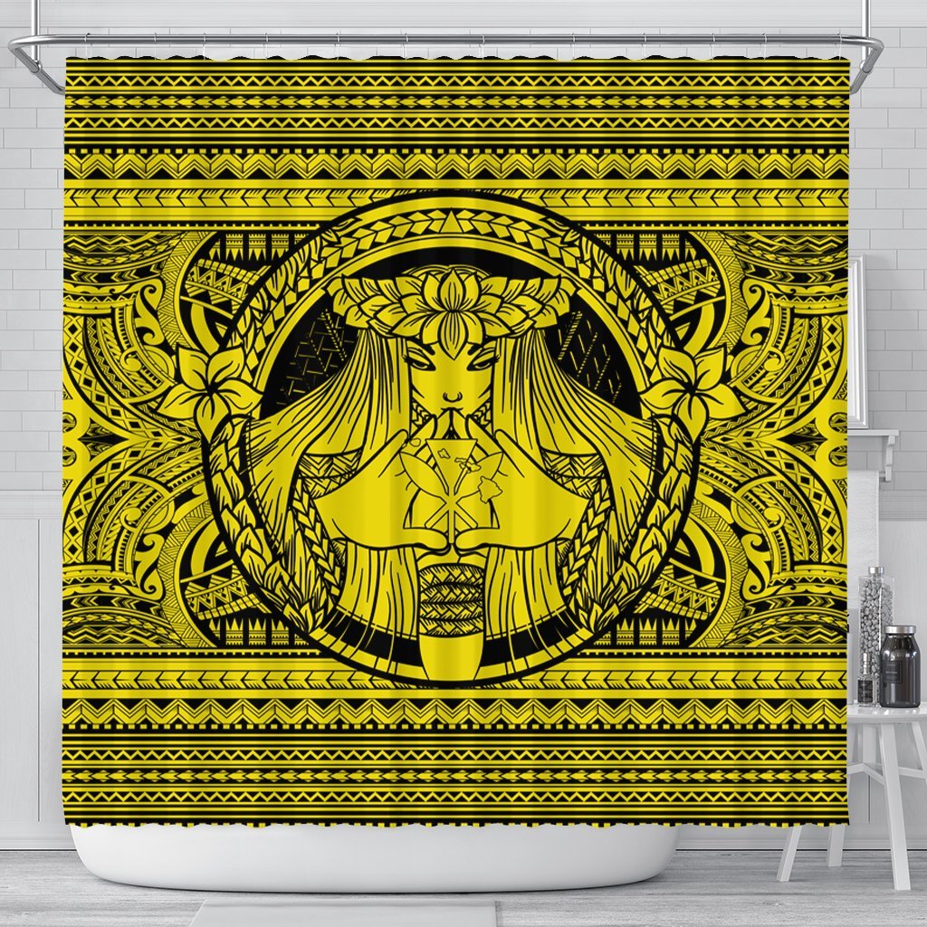 Hawaiian Map Madame Pele Kanaka Plumeria Polynesian Shower Curtain Yellow AH 177 x 172 (cm) Black - Polynesian Pride