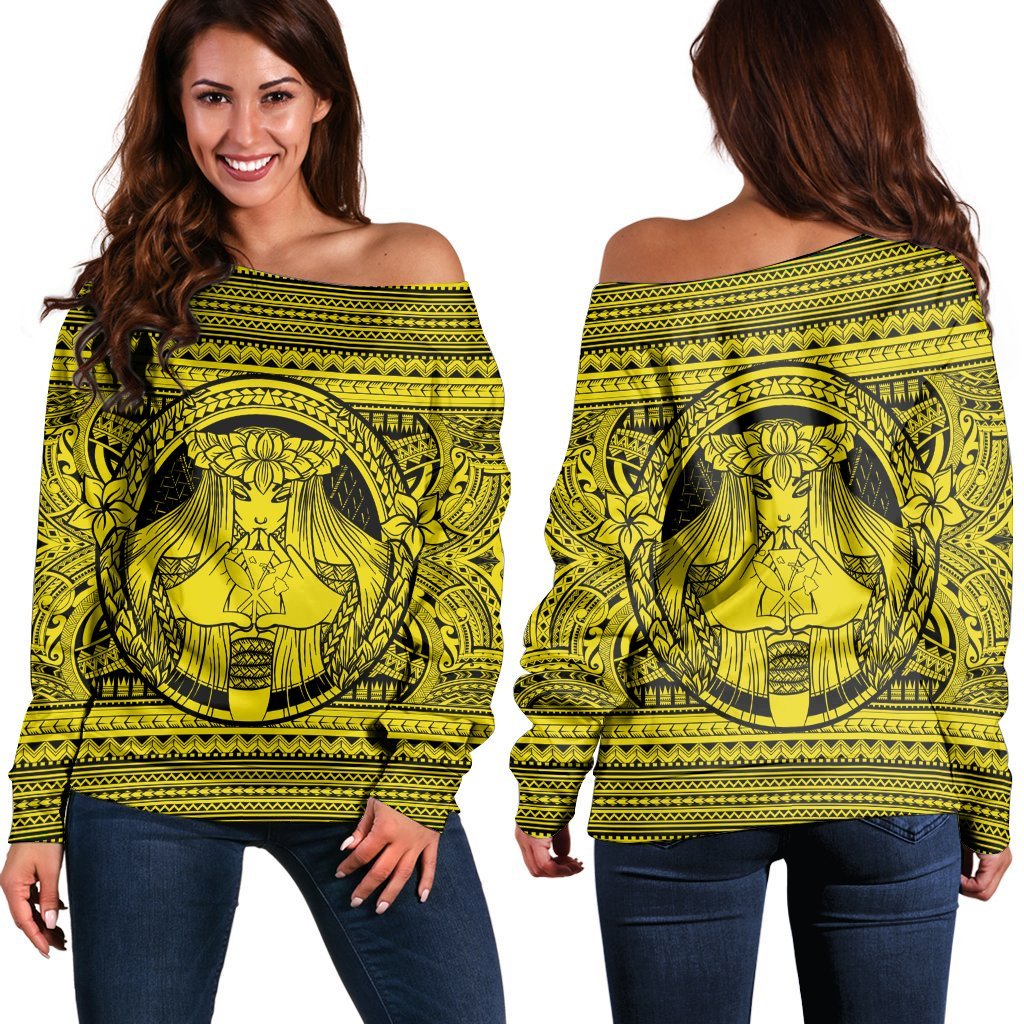 Hawaiian Map Madame Pele Kanaka Plumeria Polynesian Women's Off Shoulder Sweater Yellow AH Black - Polynesian Pride