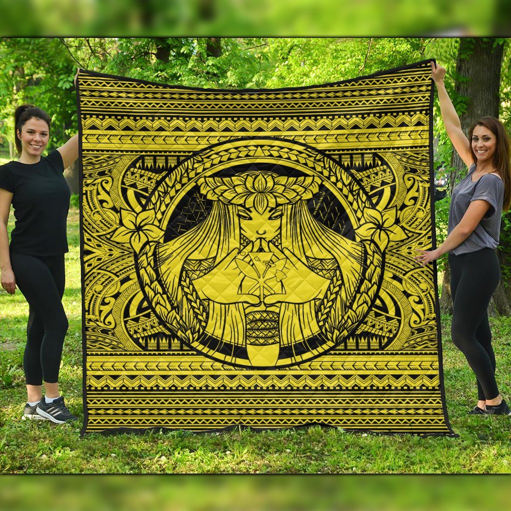 Hawaiian Map Madame Pele Kanaka Plumeria Polynesian Premium Quilts Yellow AH Black - Polynesian Pride