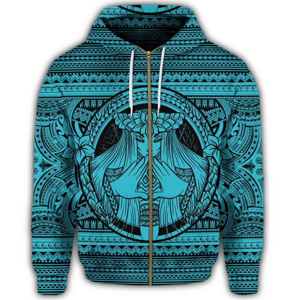 Hawaiian Map Madame Pele Mauna Kea Plumeria Polynesian Zip Hoodie Blue - Polynesian Pride