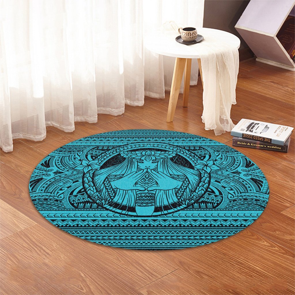 Hawaiian Map Madame Pele Mauna Kea Plumeria Polynesian Round Carpet Blue AH - Polynesian Pride